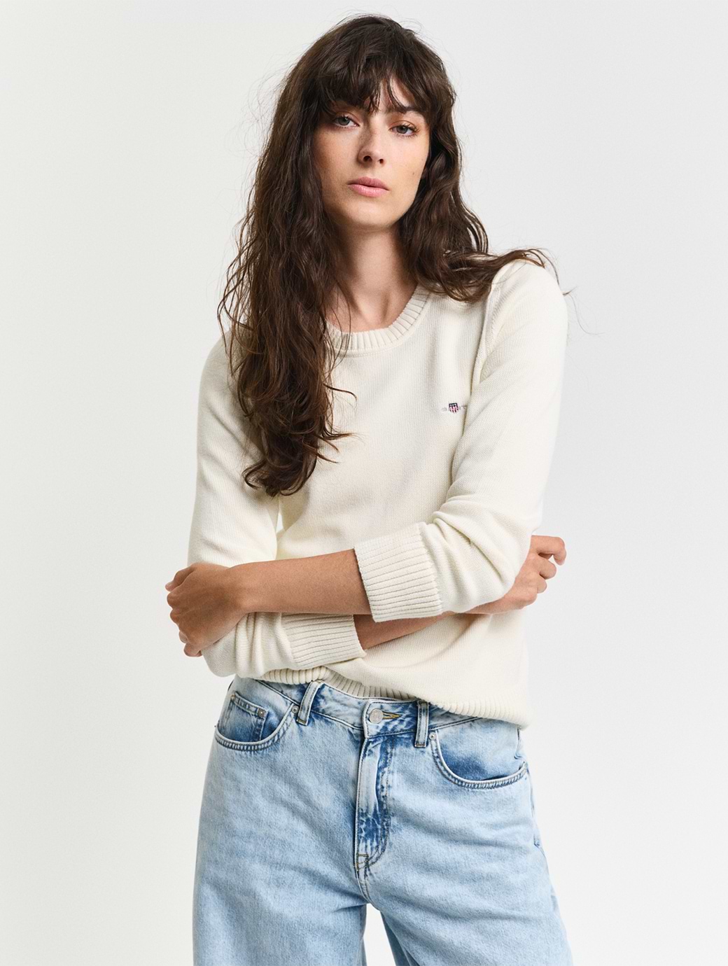 Gant Women's Classic Cotton Crew Neck Sweater Cream