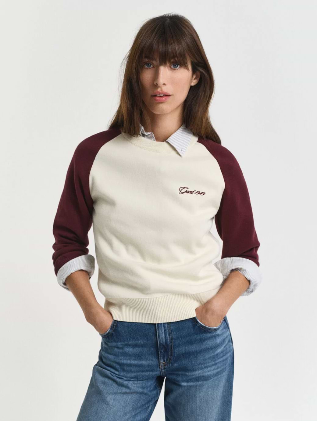 Gant Women's Colour Blocked Cotton C-neck Plum Wine
