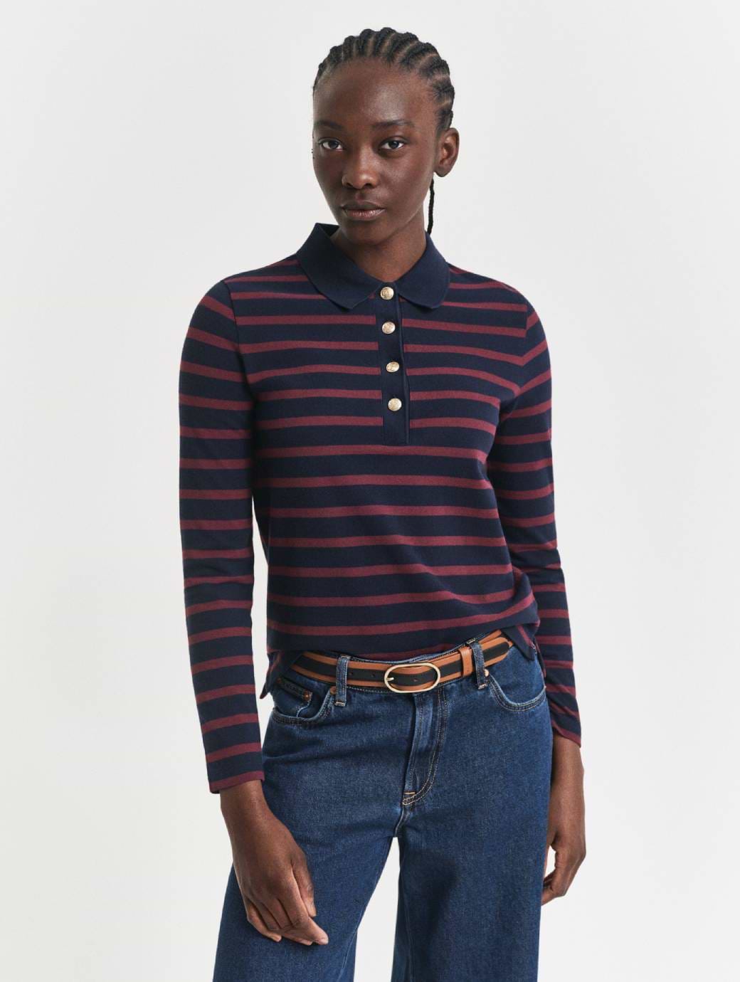 Gant Women's Regular Fit Breton Striped Long Sleeve Pique Polo Evening Blue