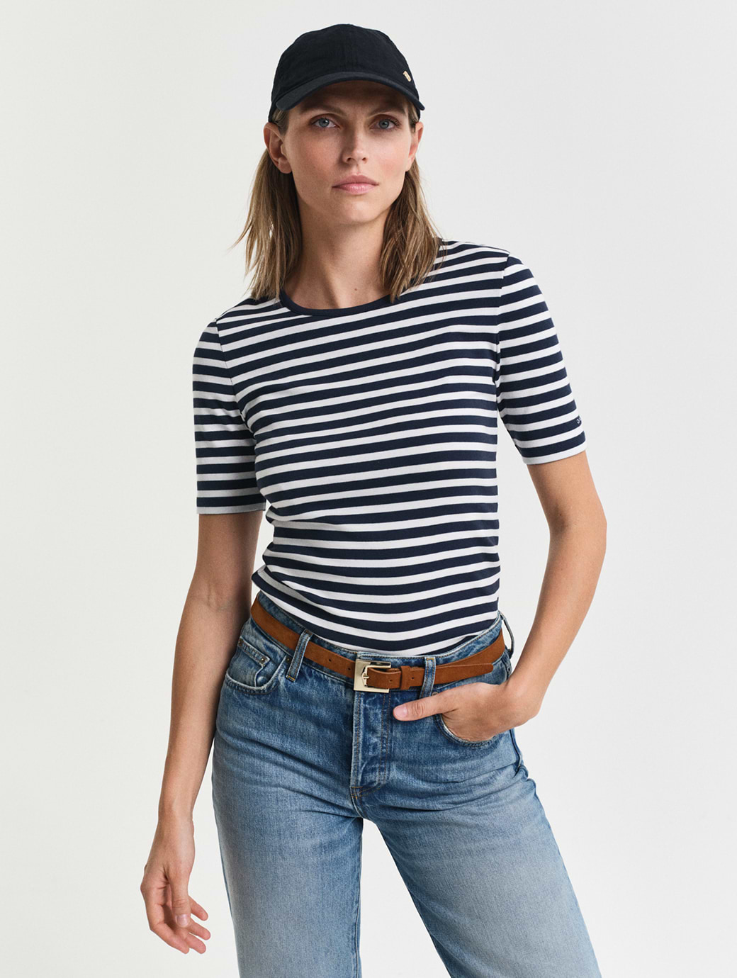 Gant Women's Slim Striped 1x1 Ribbed Short Sleeve T-Shirt Evening Blue