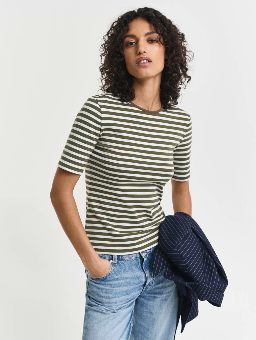Gant Women's Slim Striped 1x1 Ribbed Short Sleeve T-Shirt Moss Green