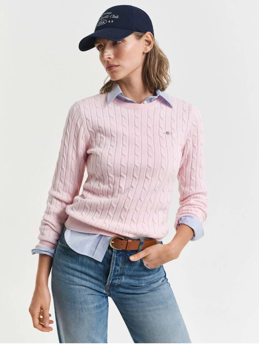 Gant Women's Stretch Cotton Cable Crew Neck Salmon