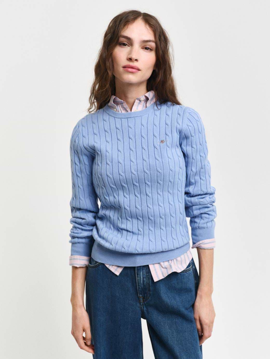 Gant Women's Stretch Cotton Cable Crew Neck Clear Sky