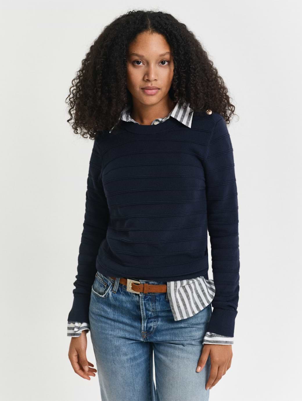 Gant Women's Textured Cotton Crew Neck Evening Blue