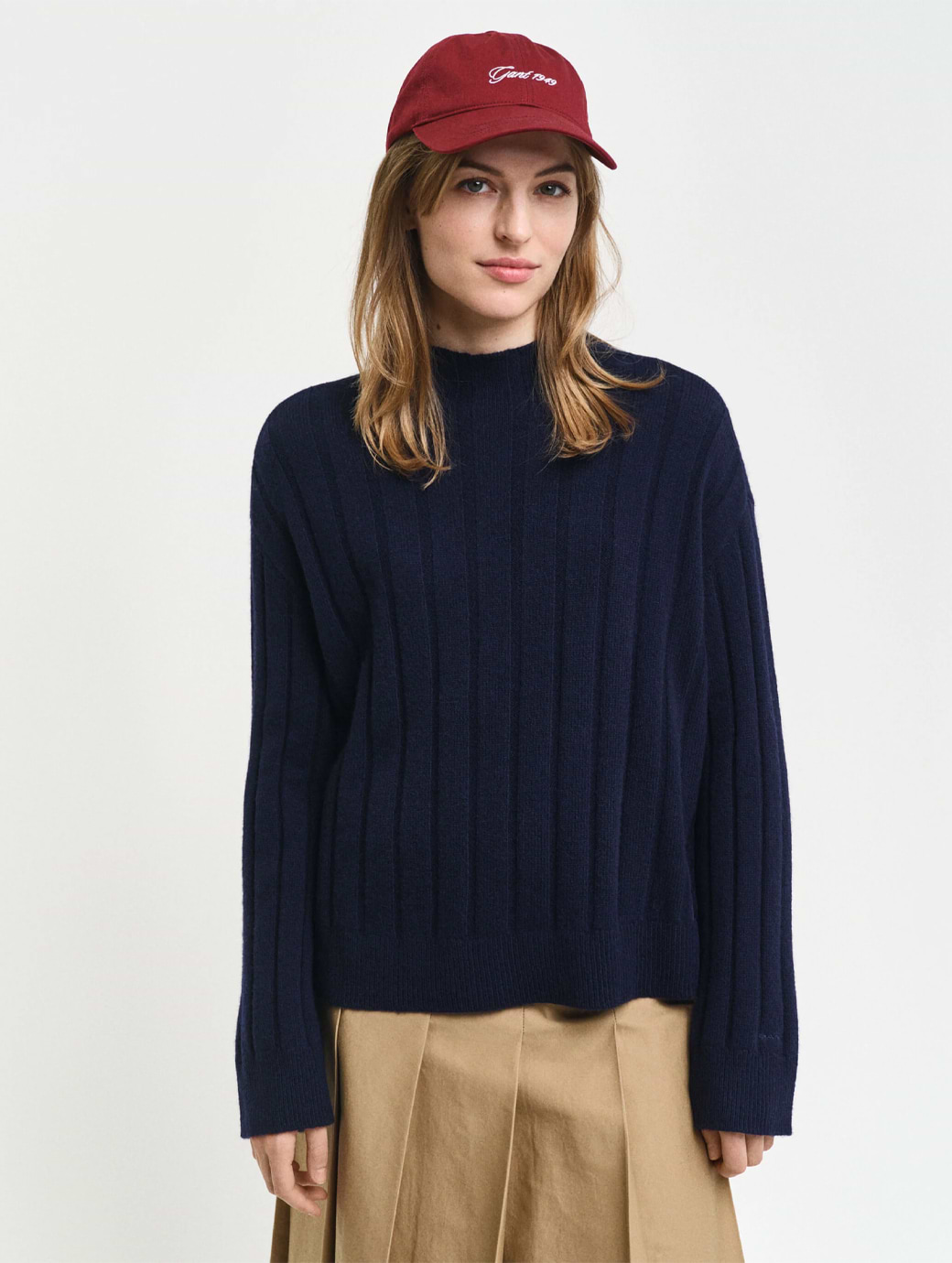 Gant Women's Wide Ribbed Wool Stand Collar Jumper Evening Blue
