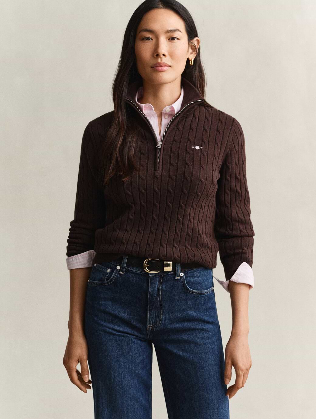 Gant Women's Stretch Cotton Cable Half-Zip Brown