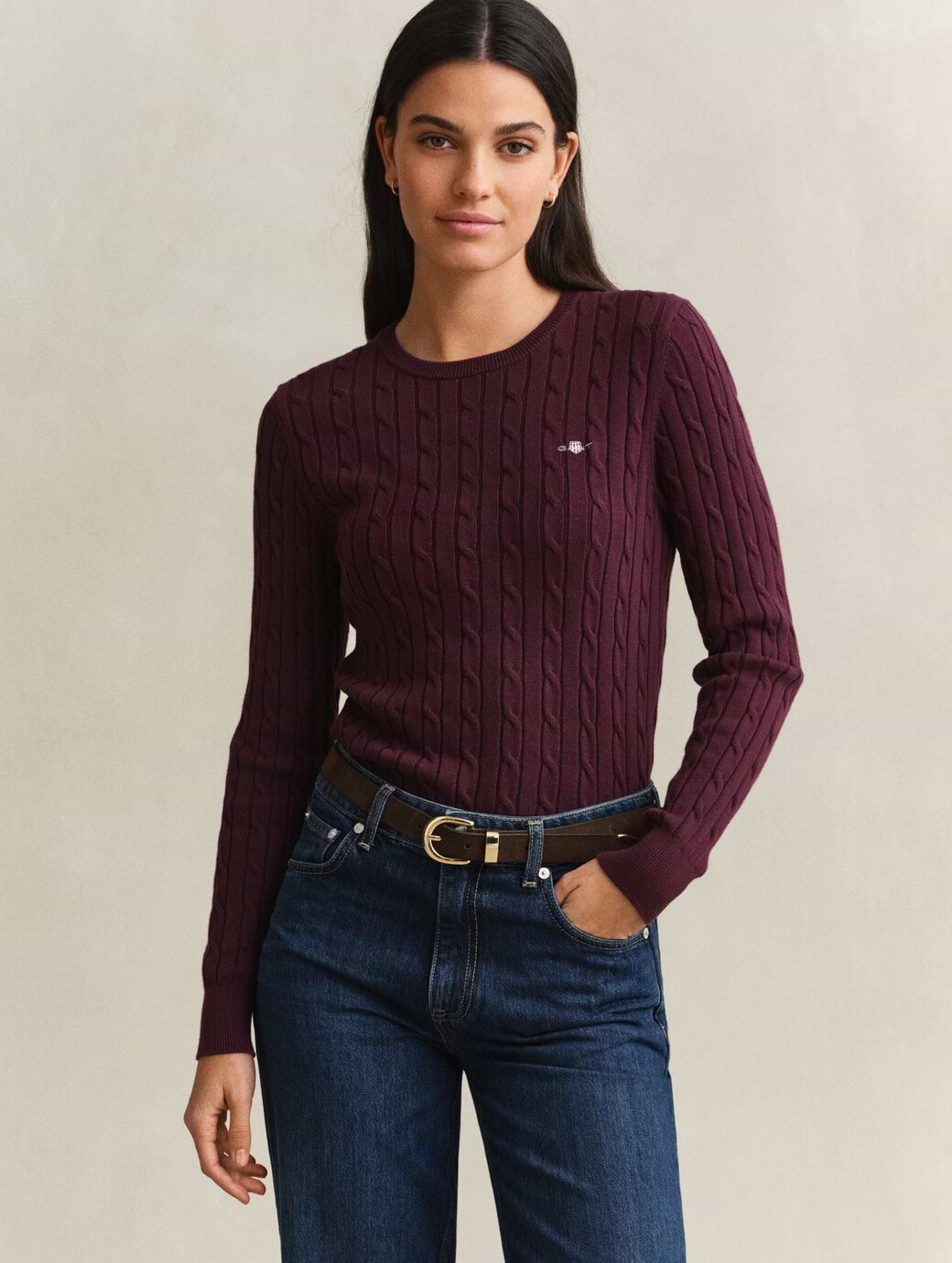 Gant Women's Stretch Cotton Cable C-Neck Darkened Wine