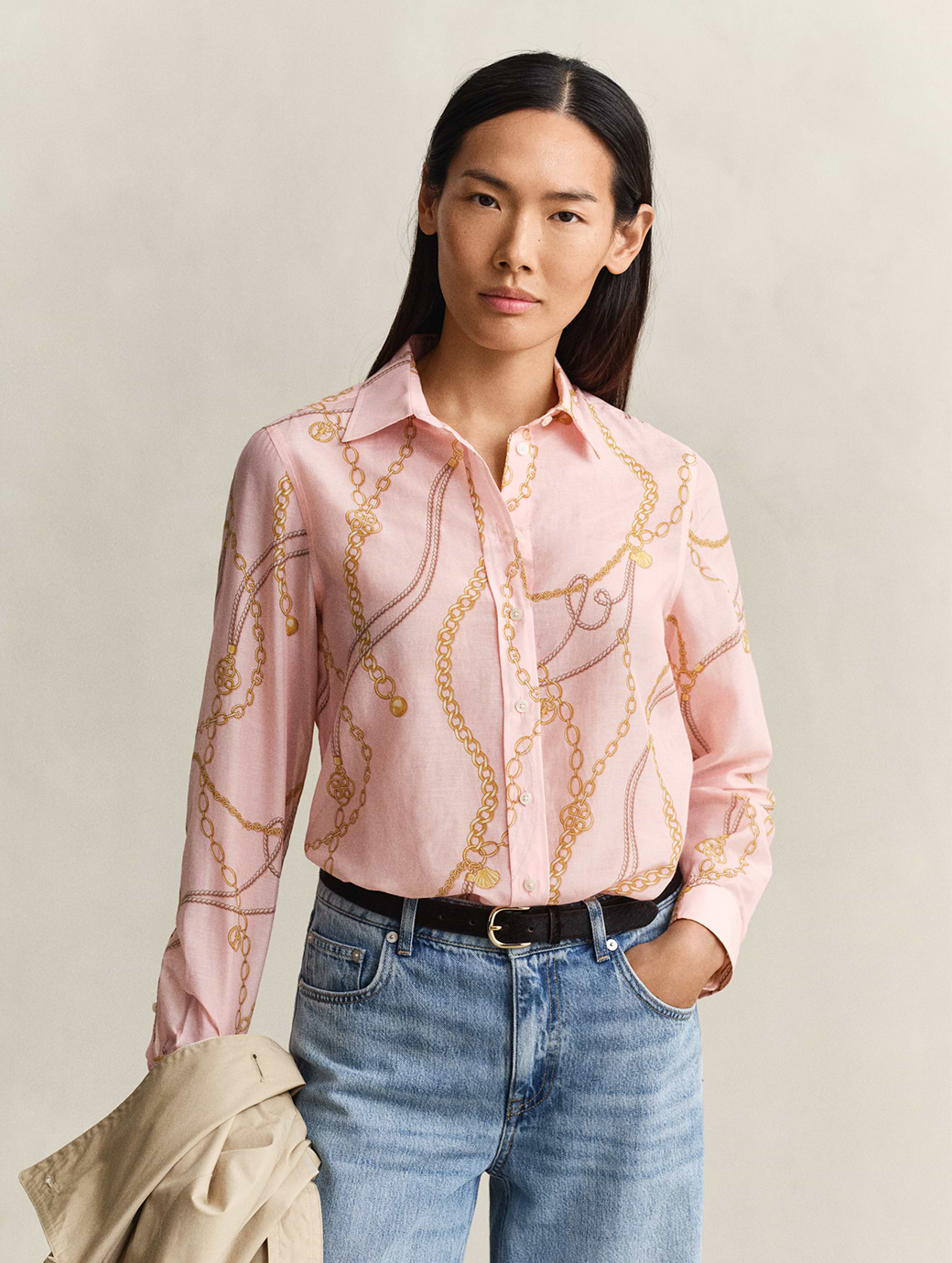 Gant Women's Reg Printed Cotton Silk Long Sleeve Shirt Apricot Pink