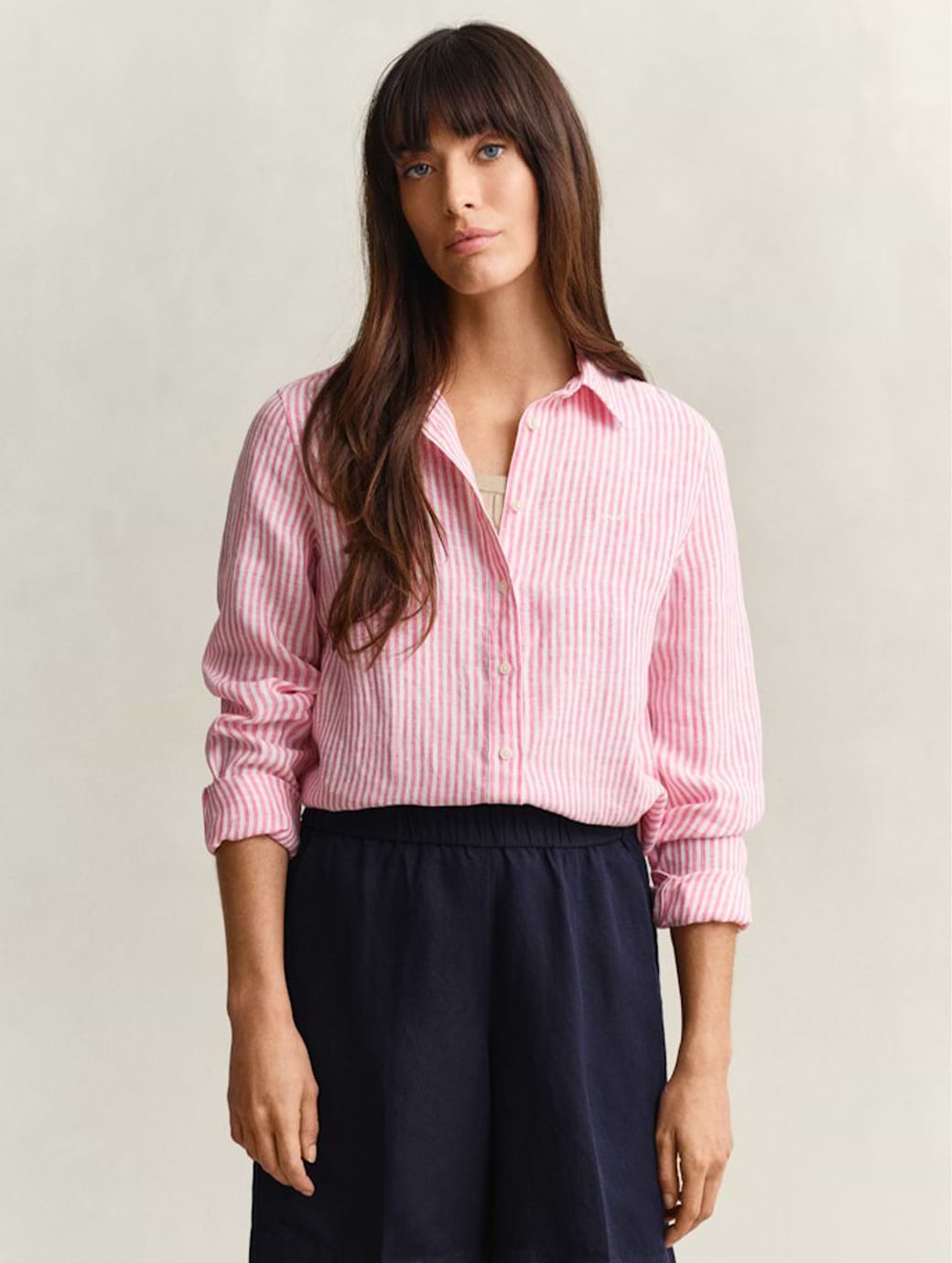 Gant Women's Reg Striped Linen Long Sleeve Shirt Bright Fuschia