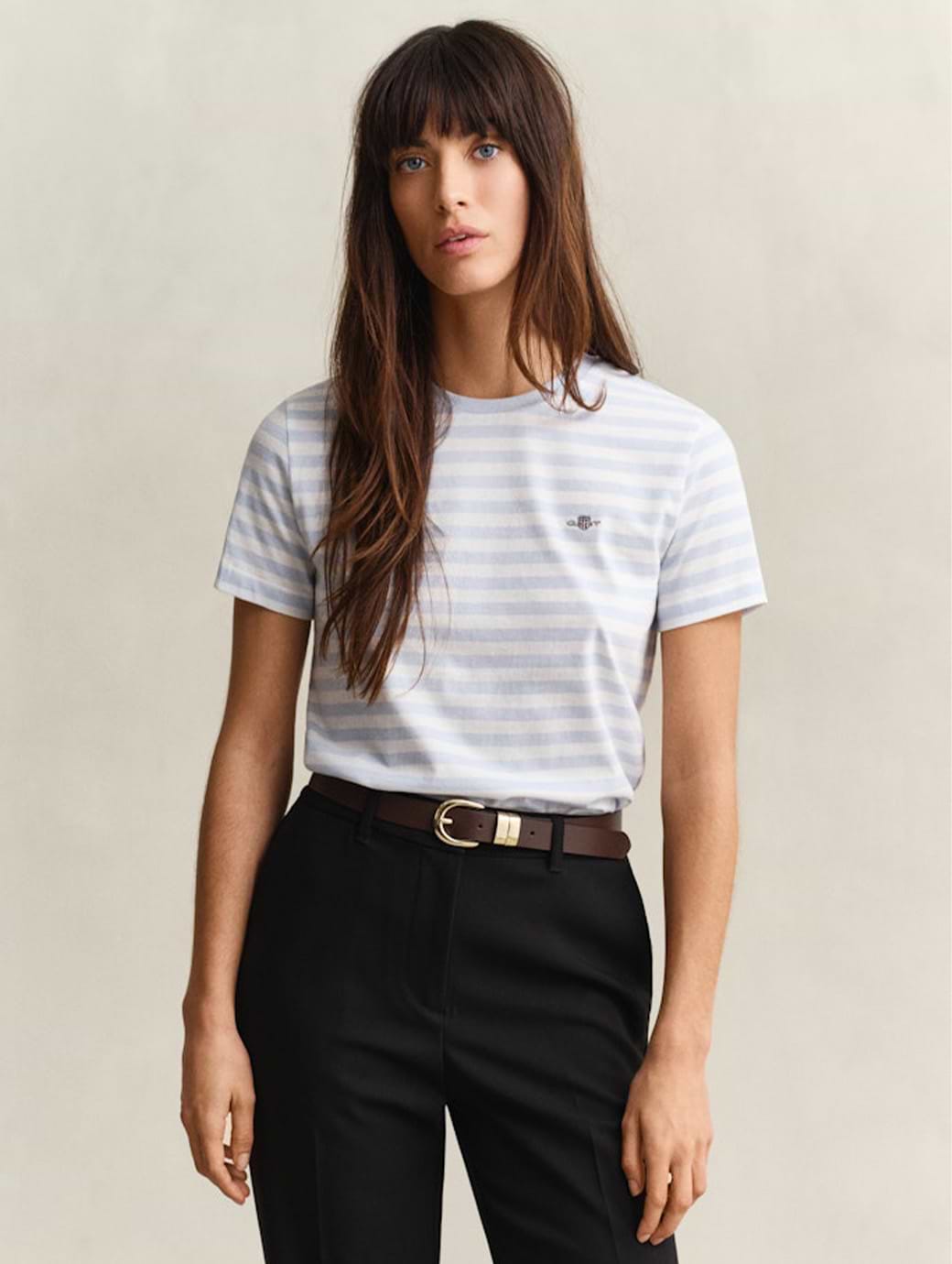 Gant Women's Reg Striped Shield Short Sleeve T-Shirt Light Blue