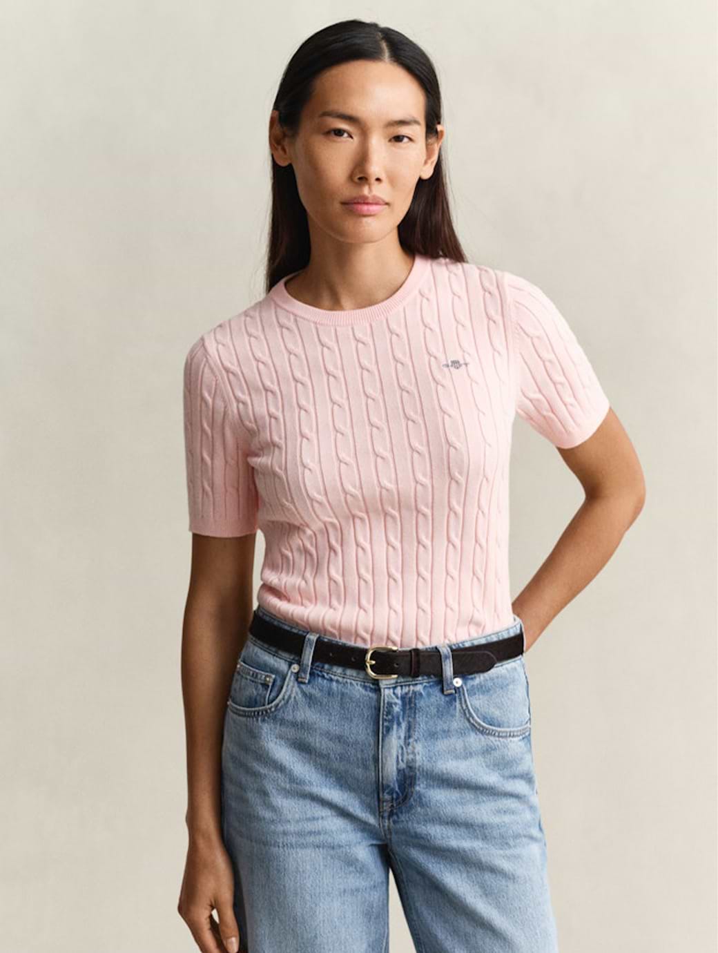 Gant Women's Stretch Cotton Cable Short Sleeve C-Neck Apricot Pink