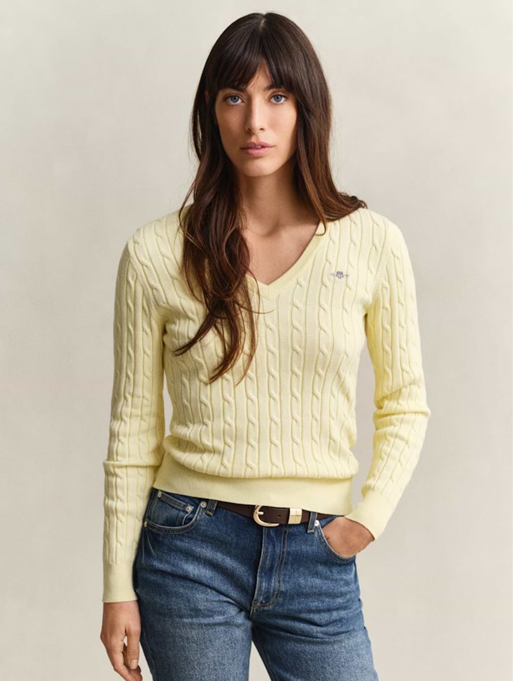 Gant Women's Stretch Cotton Cable V-Neck Vanilla Yellow
