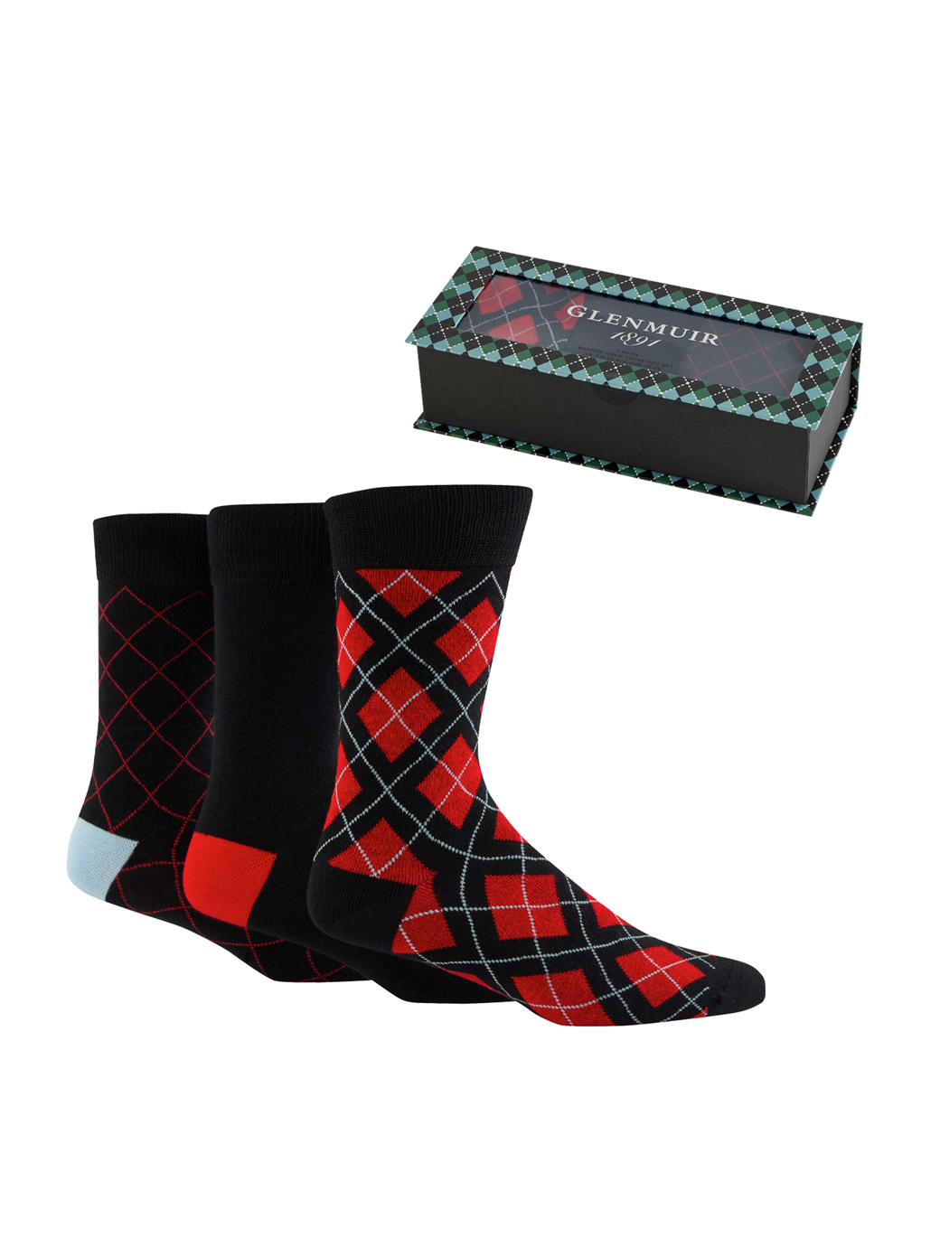 Glenmuir 3-Pack Bamboo Gift Box Black with Red Argyle Pattern