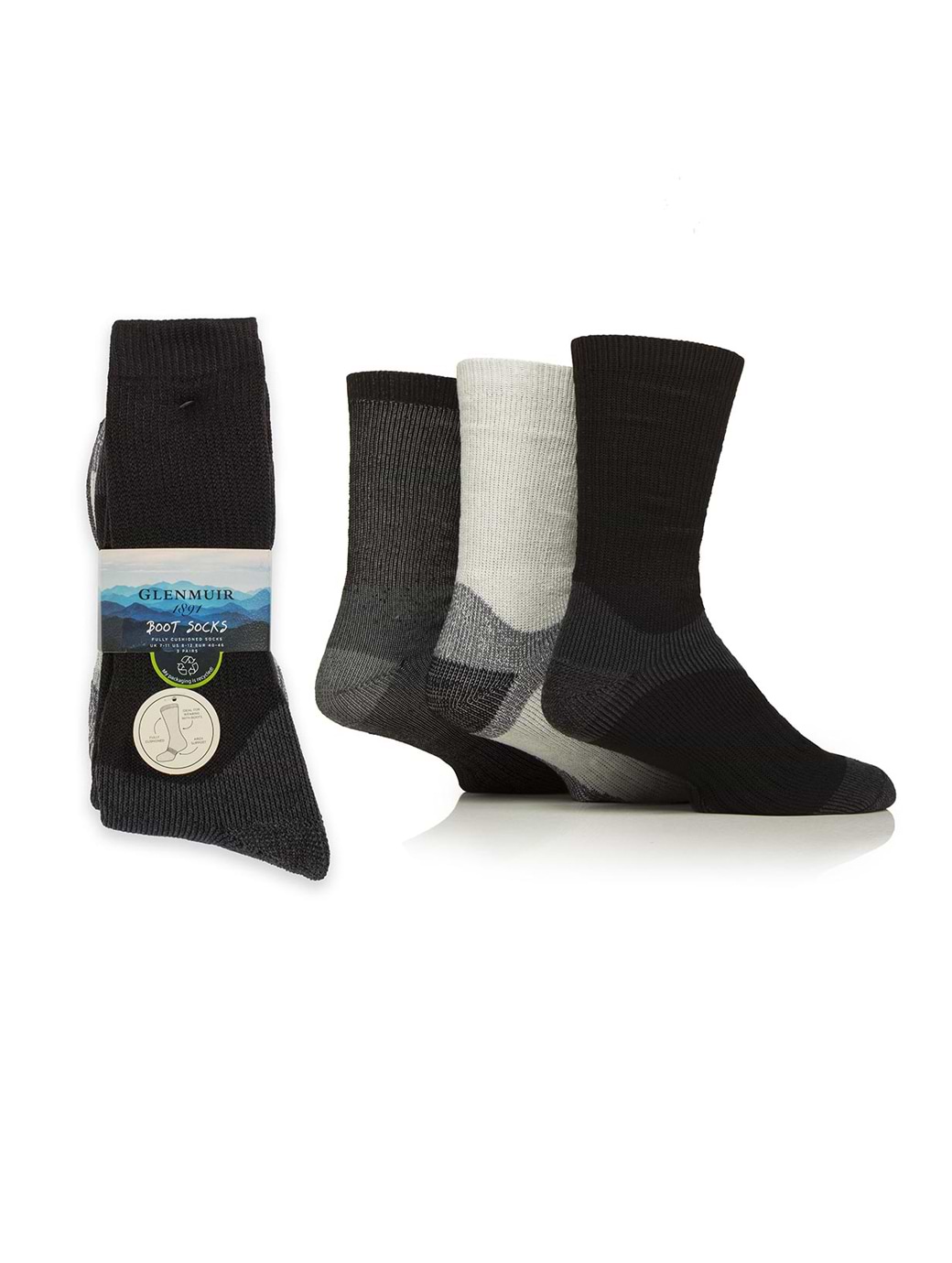 Glenmuir Men's 3-Pack Fully Cushioned Boot with Arch Support Black Twist/Grey/Black Twist