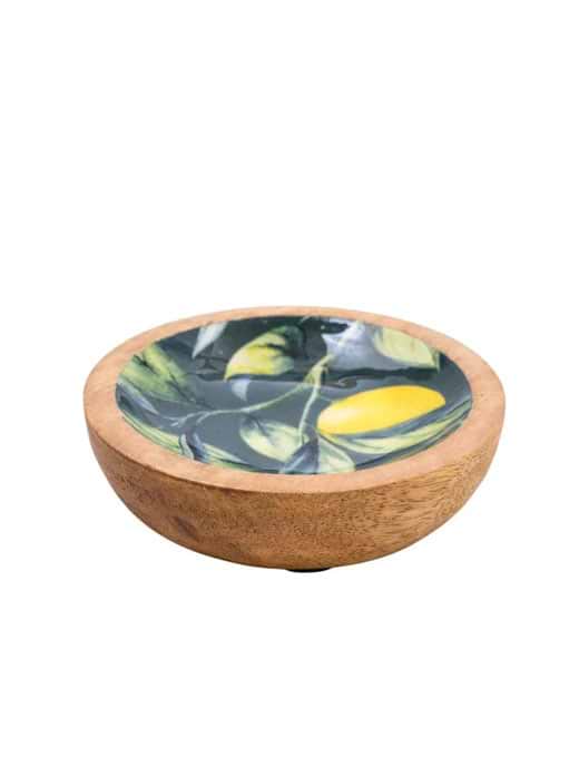 Candlelight Handcrafted Lemons and Leaves Mango Wooden Dish 13cm
