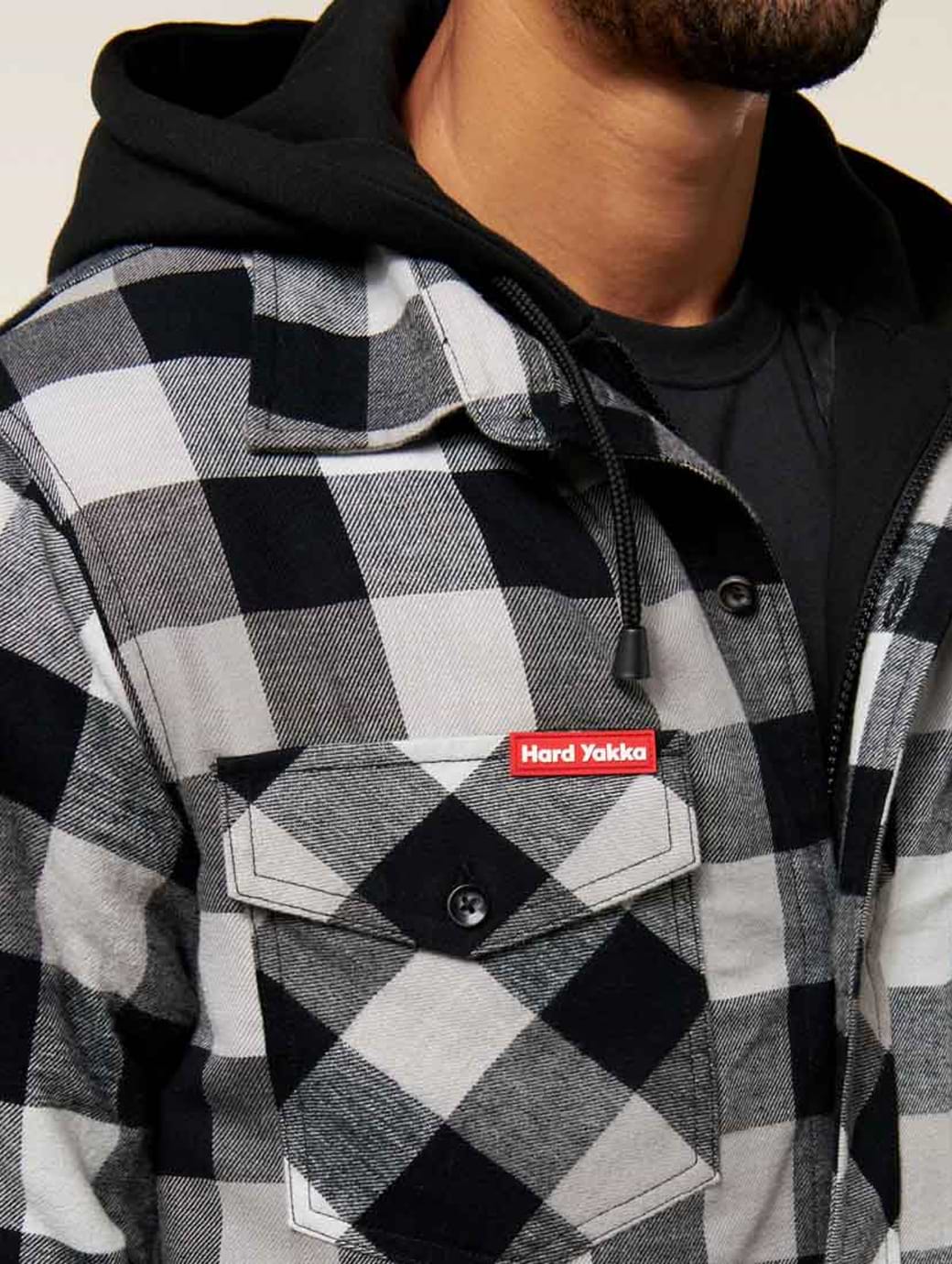 Hard Yakka Men s Quilted Flannel Hooded Shacket Grey