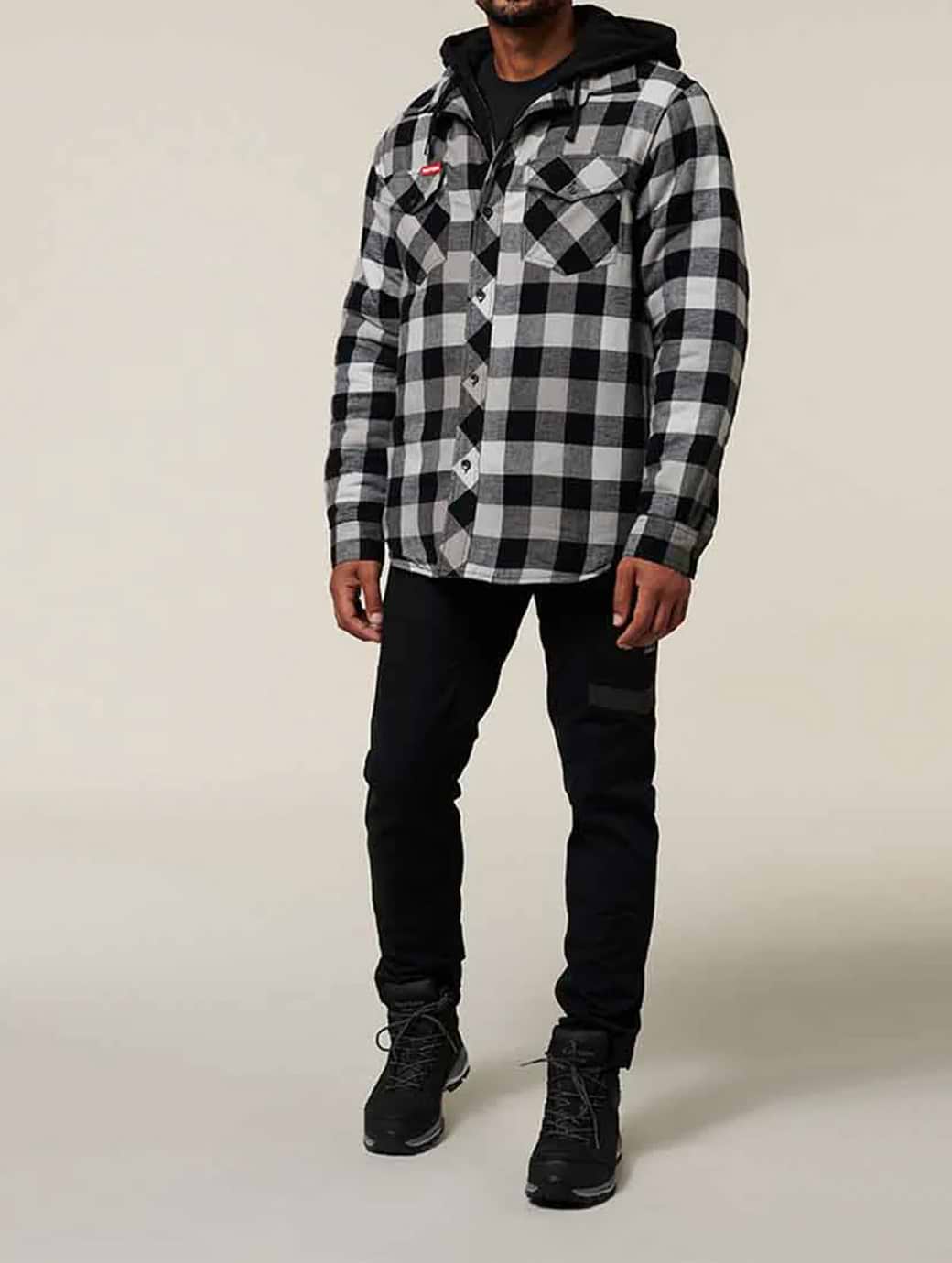 Hard Yakka Men s Quilted Flannel Hooded Shacket Grey