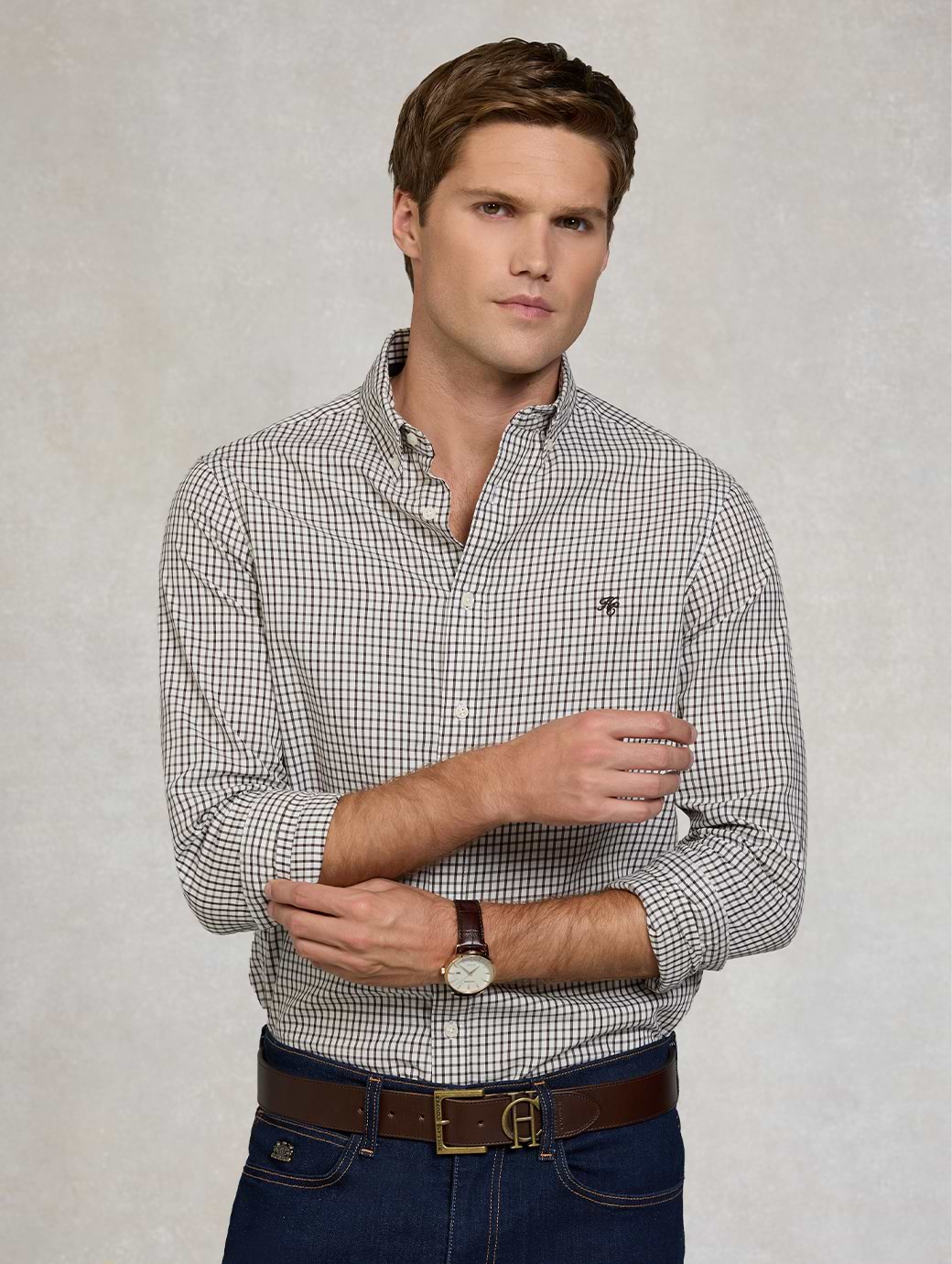 Holland Cooper Men's Classic Woven Button Down Shirt Cheltenham Check Green