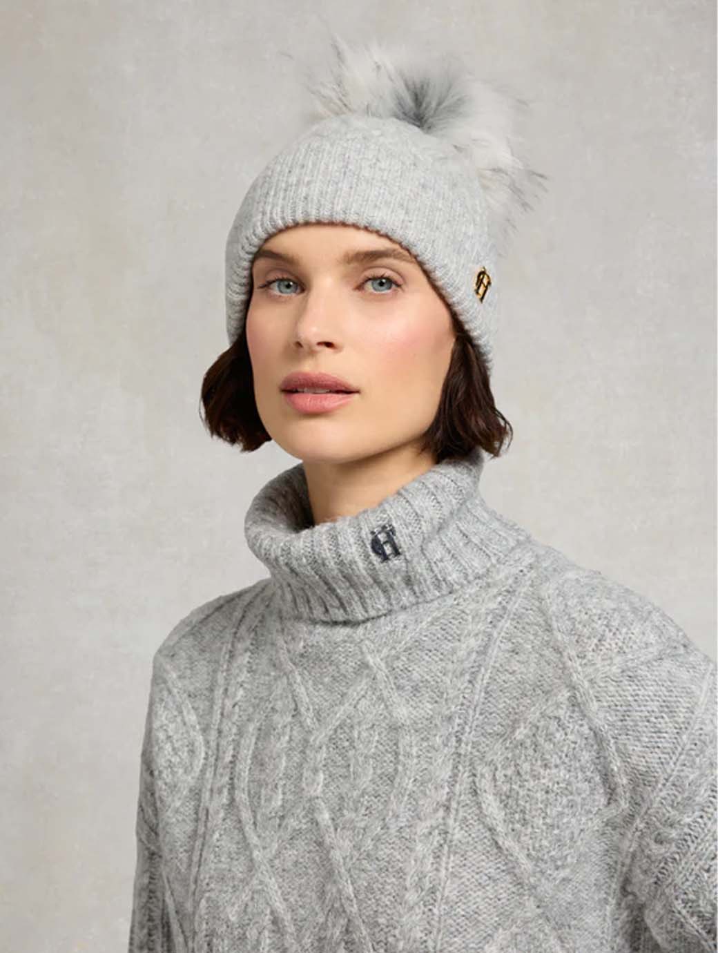 Holland Cooper Sloane Cable Bobble Hat Grey Marl