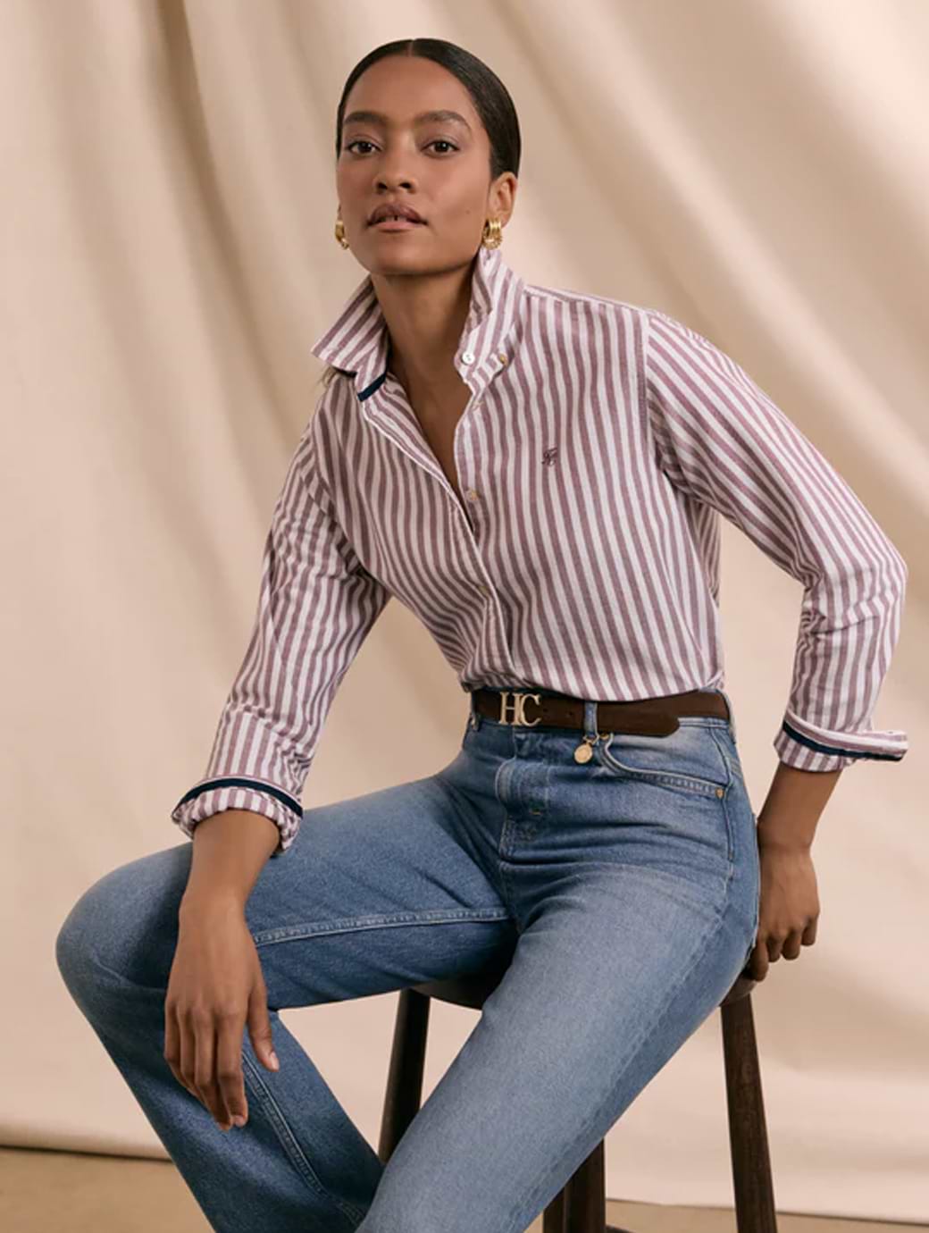 Holland Cooper Women's Oxford Shirt Washed Burgundy Stripe