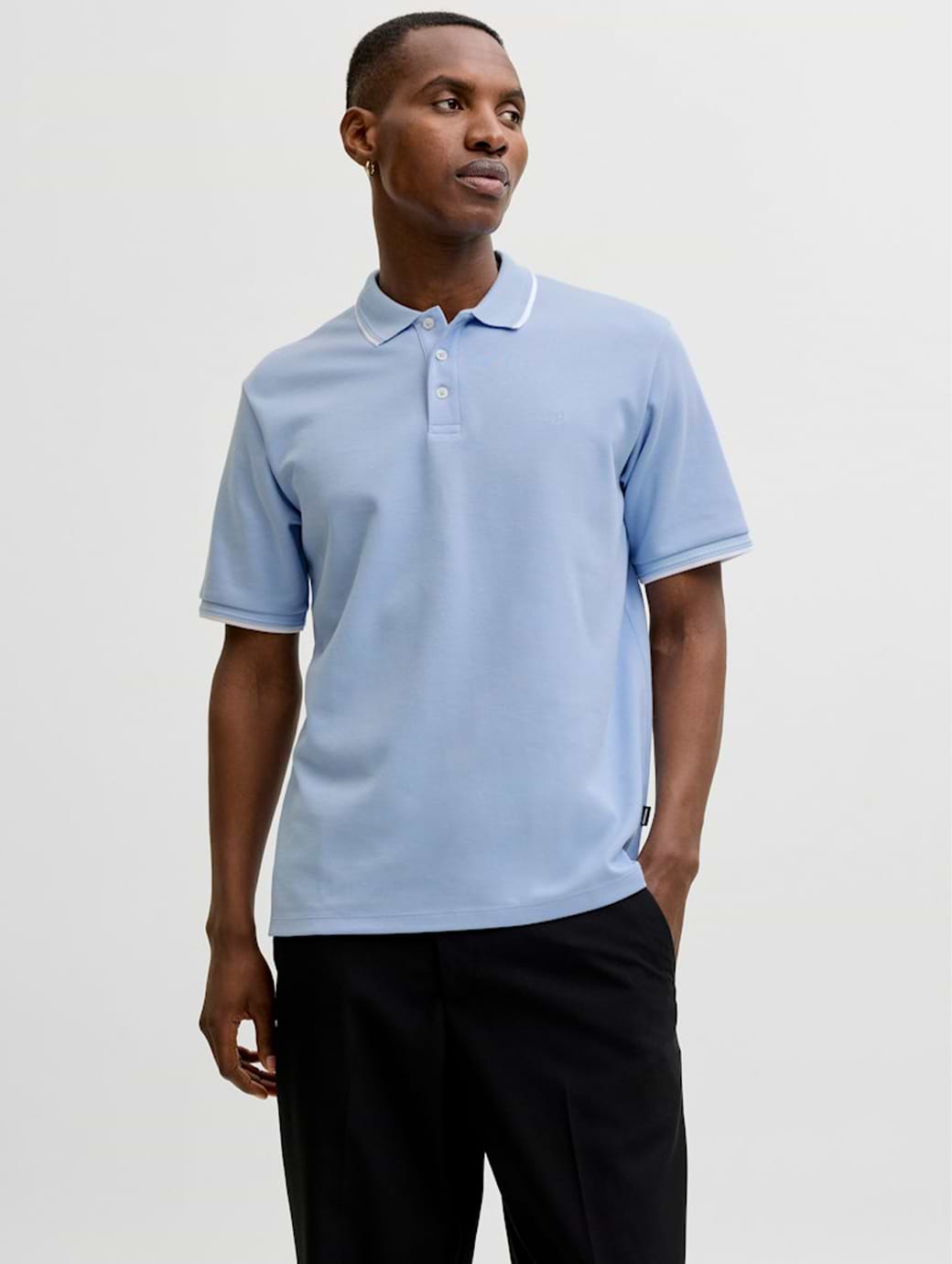Jack & Jones Premium Men's Blaethan Detail Short Sleeve Polo Chambray Blue