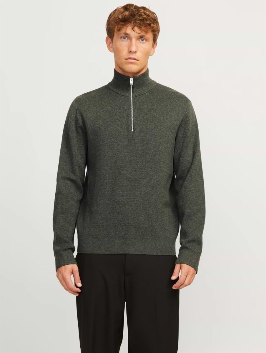 A*️様 HEAVY MILANO RIB KNIT ZIP TURTLE AU Jack & Jones Premium Milano Stitch Half Zip Peat Melange