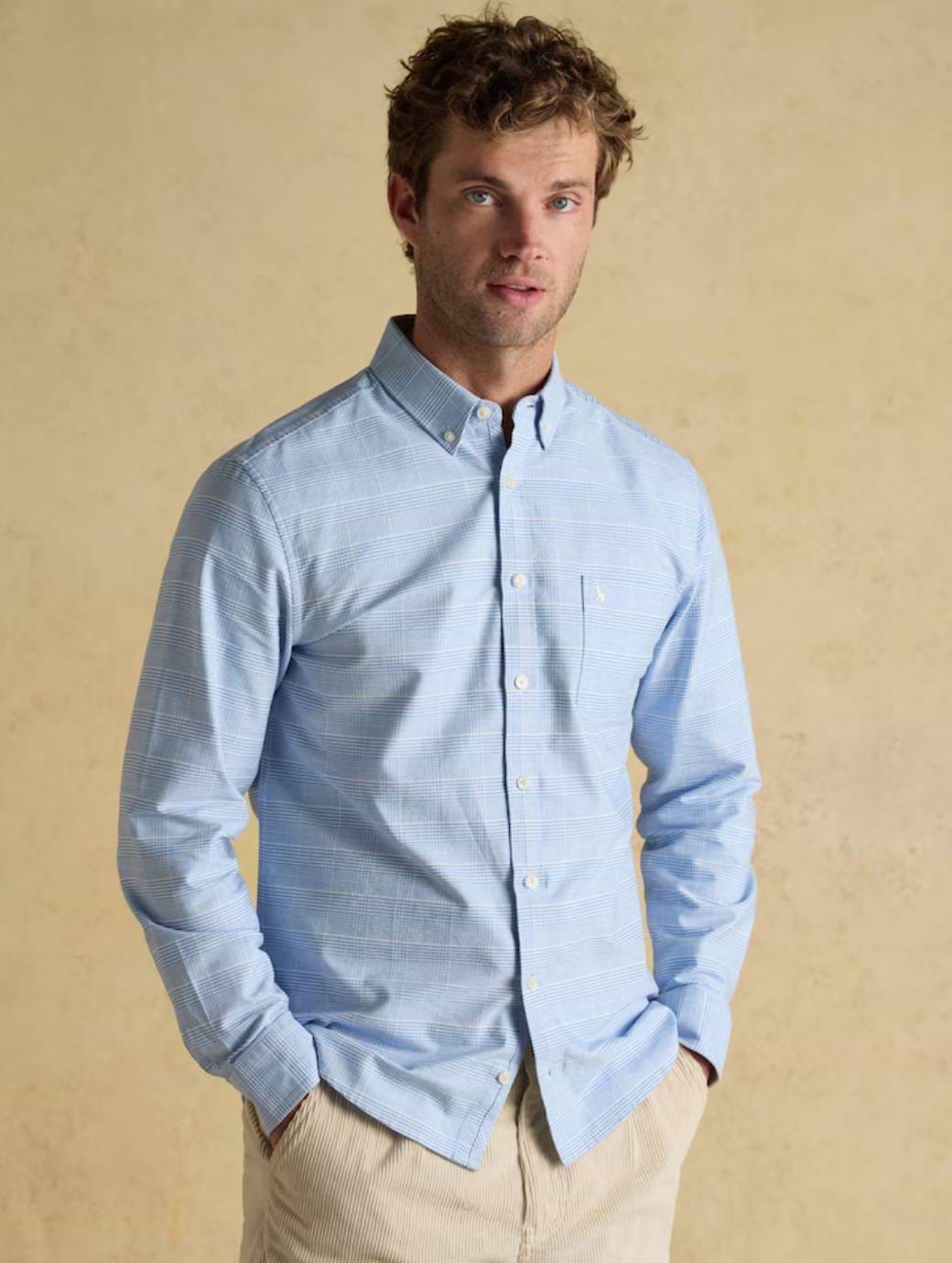 Joules Men's Classic Fit Check Long Sleeve Cotton Oxford Shirt Light Blue