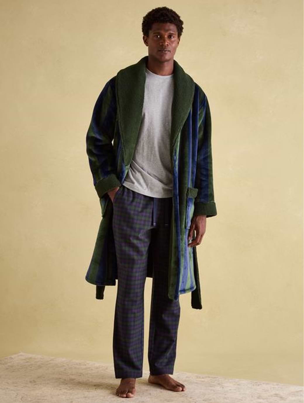 Joules Men s Montague Fleece Lined Dressing Gown Navy Green Stripe
