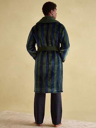 Joules Men's Montague Fleece Lined Dressing Gown Navy Green Stripe Joules Men's Montague Fleece Lined Dressing Gown Navy Green Stripe