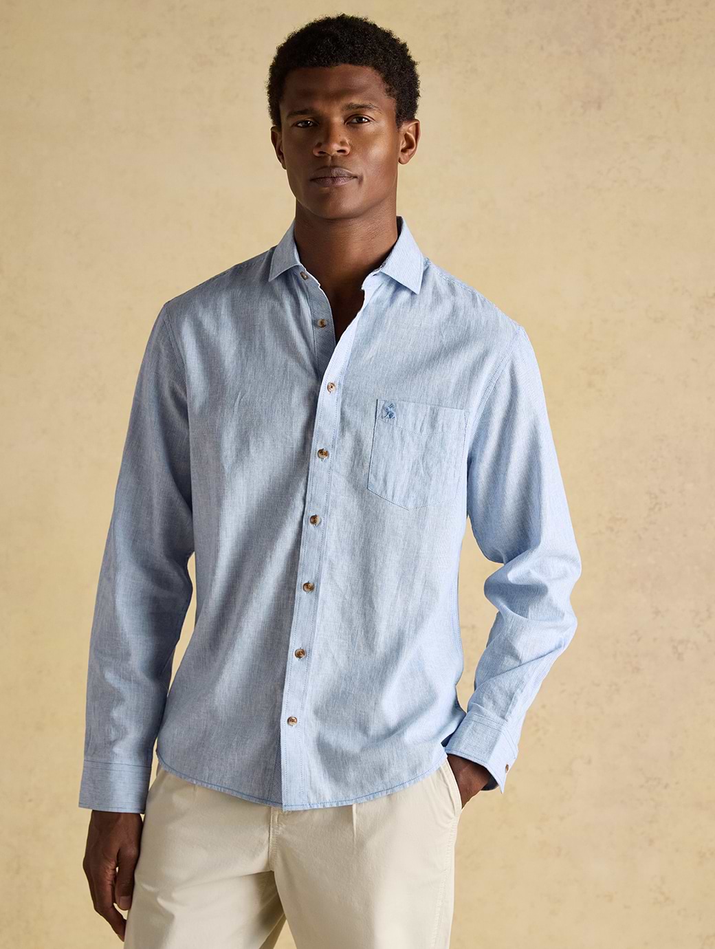 Joules Men's Linen Blend Long Sleeve Shirt Blue Stripe