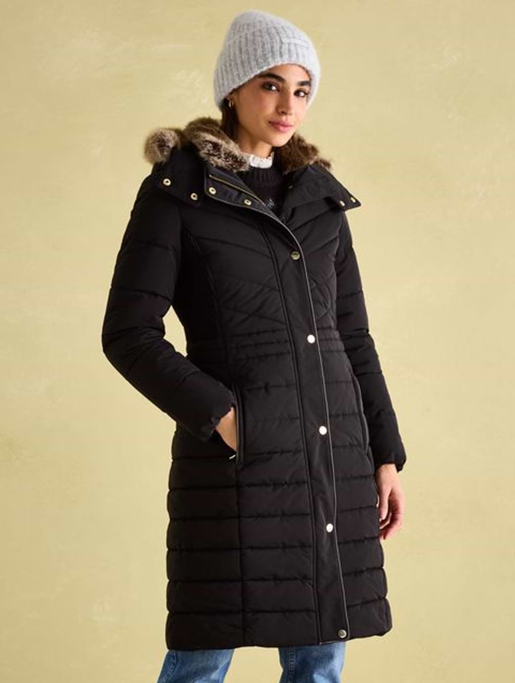 Joules Women s Cherington Showerproof Longline Padded Coat with Faux Fur Hood Black