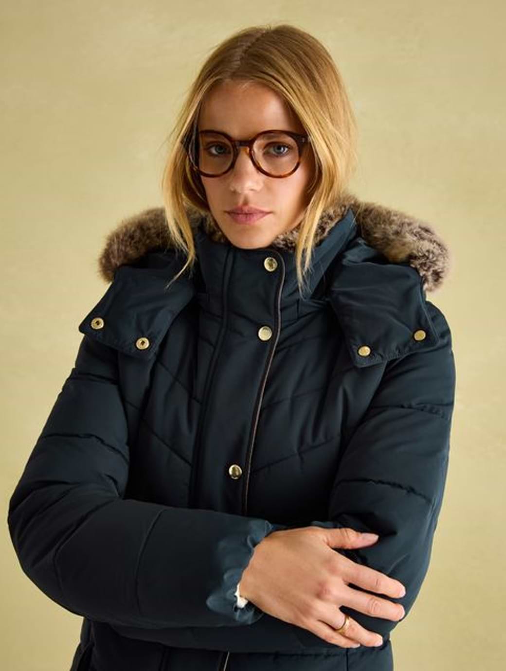 Joules Women s Cherington Showerproof Longline Padded Coat with Faux Fur Hood Navy