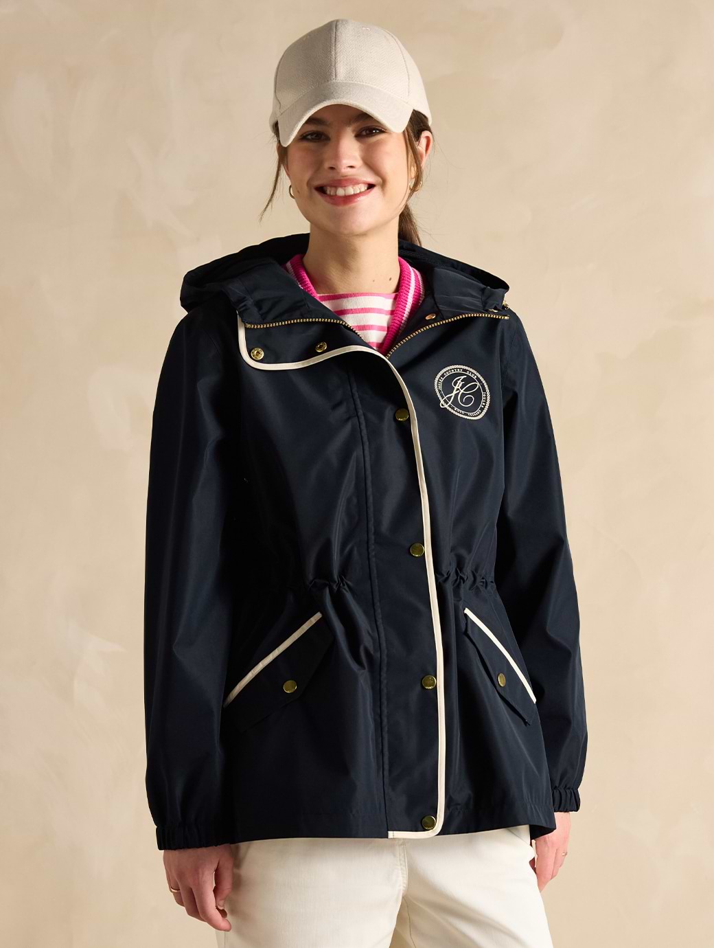 Joules Women's Holt Packable Waterproof Raincoat with Hood Navy