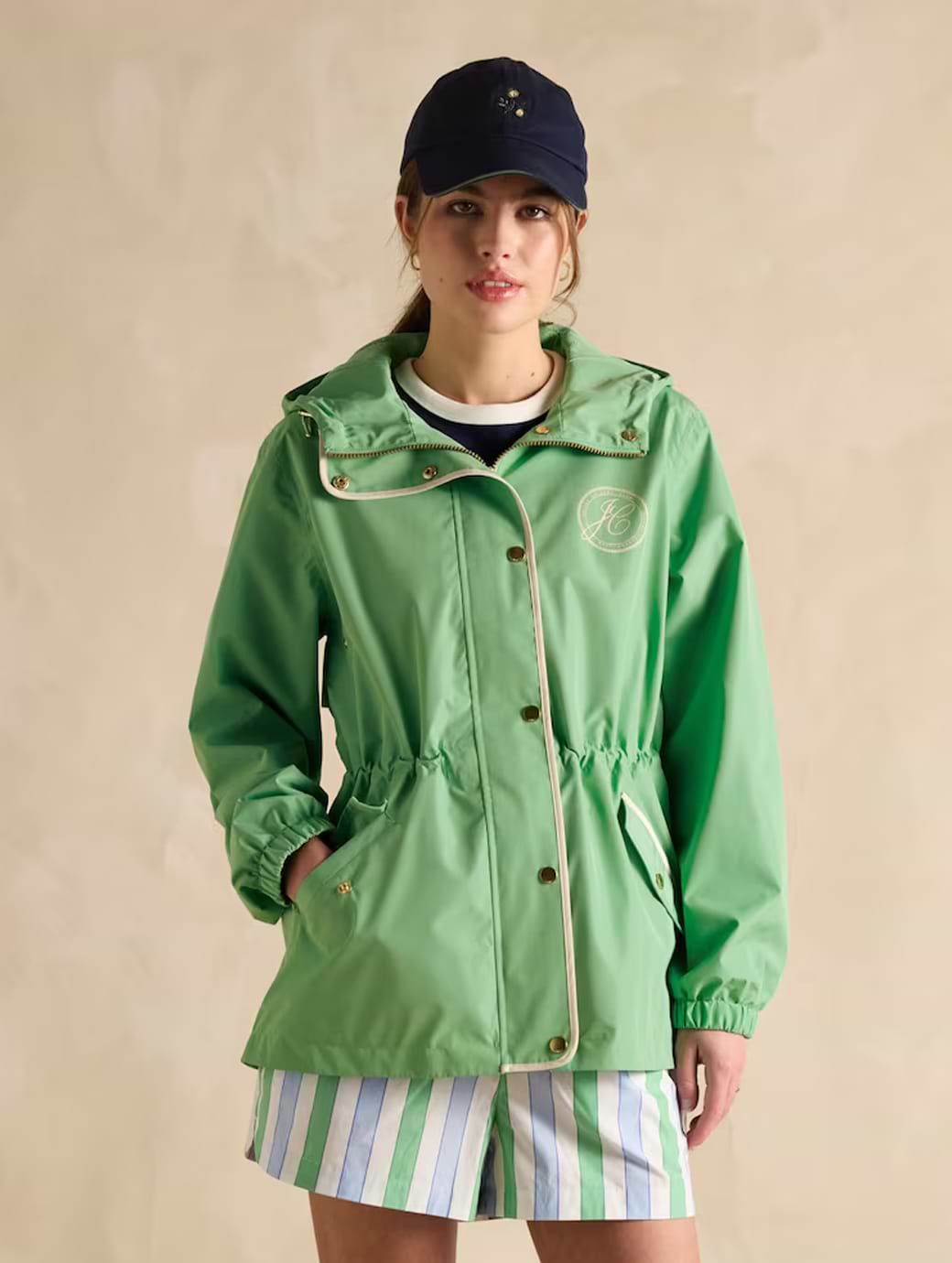 Joules Women's Holt Packable Waterproof Raincoat with Hood Green