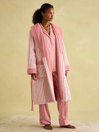 Joules Women's Matilda Fleece Dressing Gown Pink Stripe Joules Women's Matilda Fleece Dressing Gown Pink Stripe