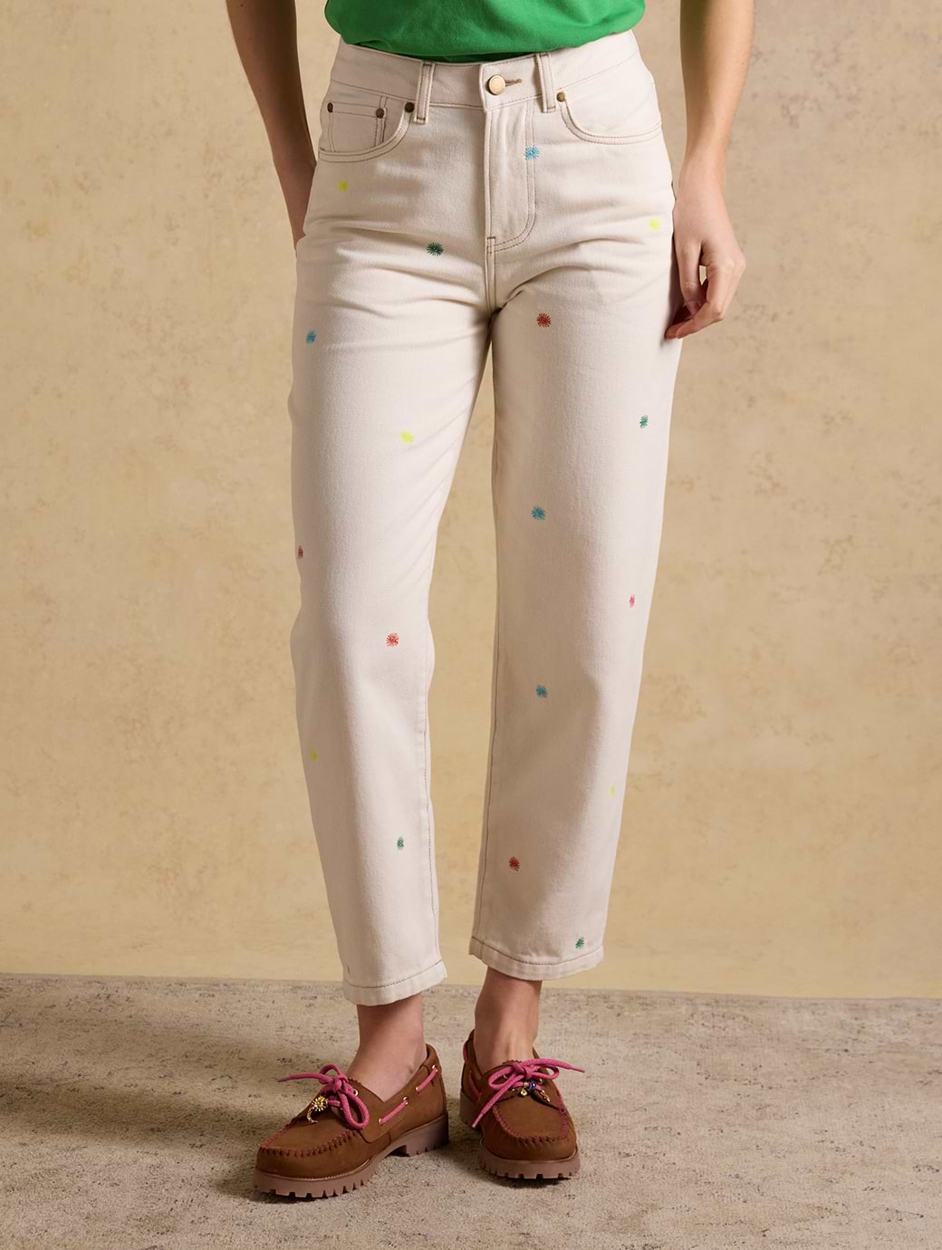 Joules Women's Embroidered High-Waisted Barrel Fit Jeans Cream
