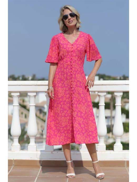 Pomodoro Contrast Floral Tea Dress Pink