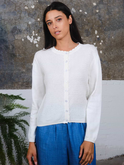 Pretty Vacant Women's Vivian Basket Weave Scallop Cardigan Egret