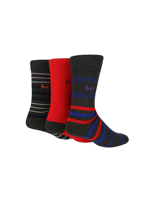 Pringle 3 Pack Bamboo Jacquard Socks Charcoal With Multi Stripe