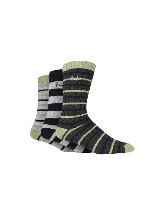 Pringle 3 Pack Bamboo Leisure Sock Green/Charcoal Grey Stripes