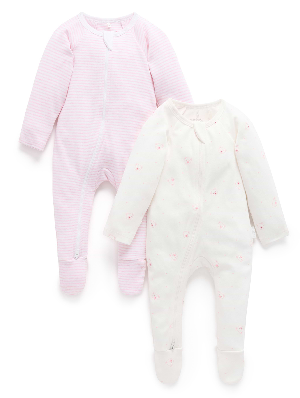 Purebaby 2-Pack Zip Growsuit Pale Pink Bear Pack