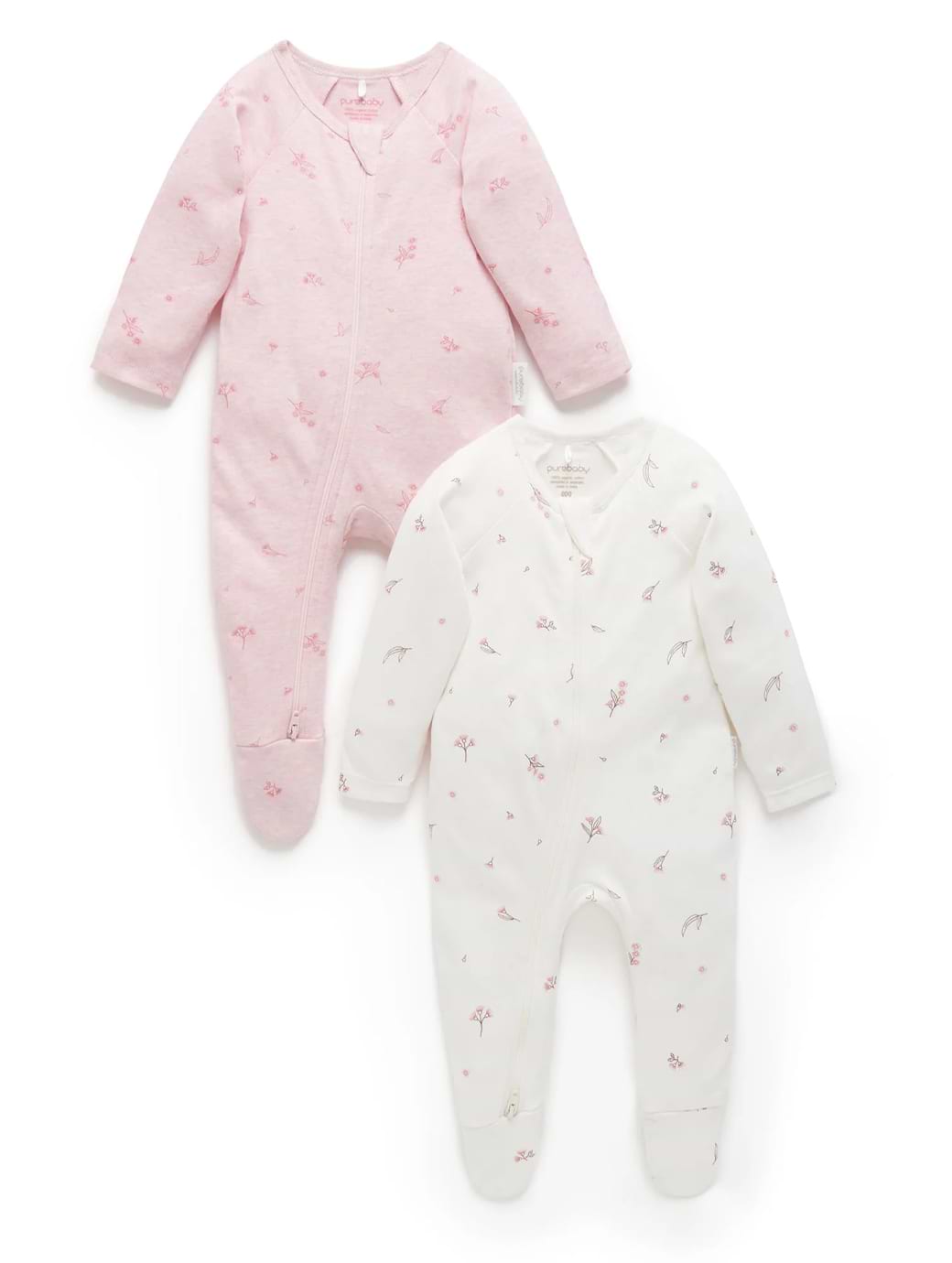 Purebaby 2-Pack Zip Growsuit Pale Pink Blossom Pack