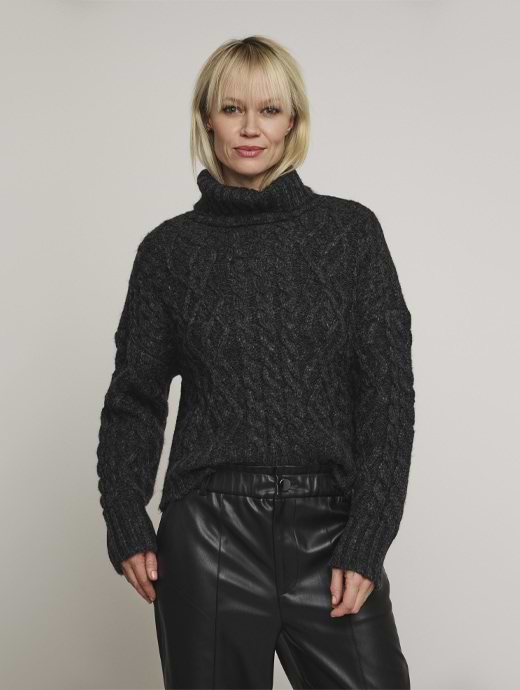 Rino & Pelle Women's Twiggy Relaxed Cable Sweater With Turtleneck Anthracite