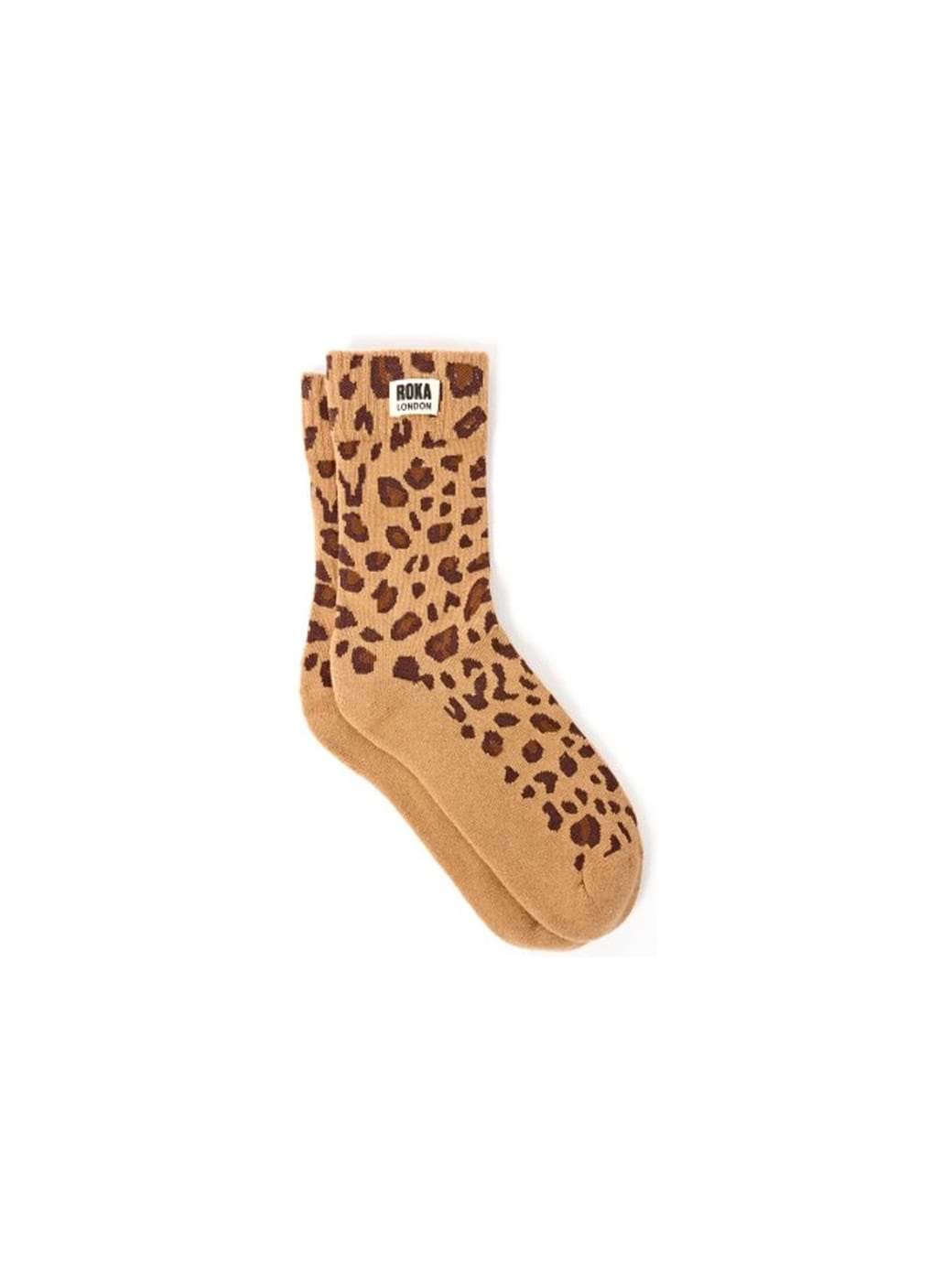 Roka London Women's Wimbledon Crew Socks Savannah Leopard Sand