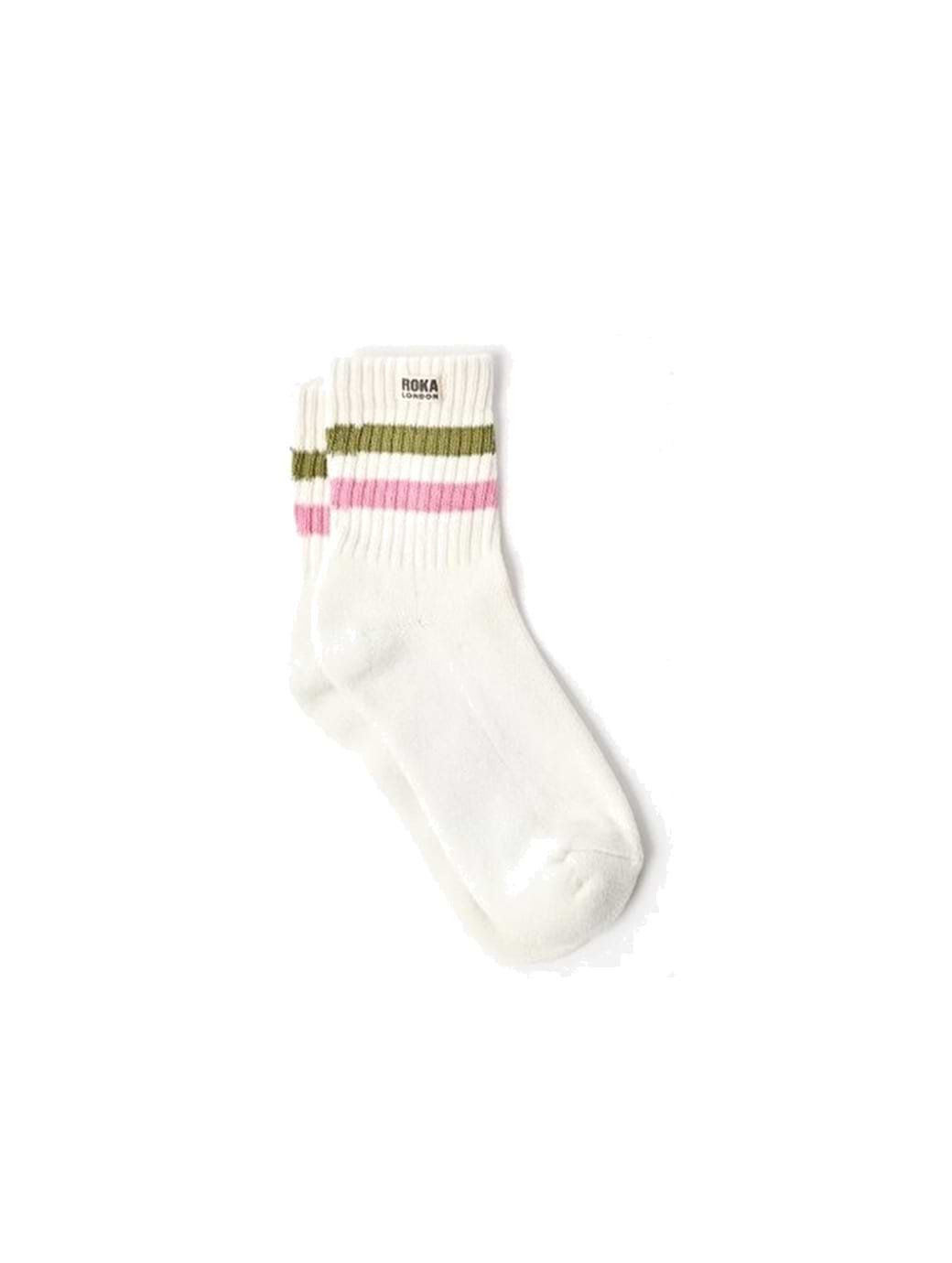 Roka London Women's Windsor Stripe Crew Socks Avocado & Pink Carnation