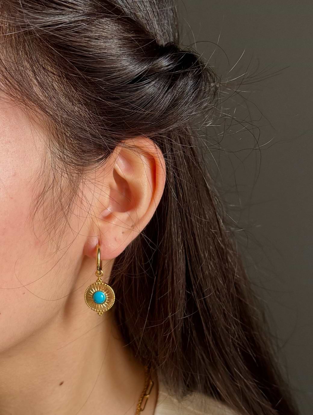 Ocean Ripples Women's 18ct Gold Plated Turquoise Sun Disc Huggie Earrings