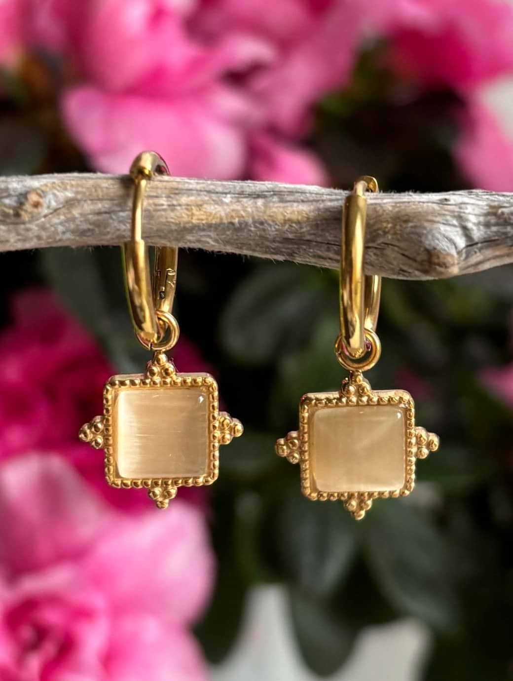 Ocean Ripples Women's 18ct Gold Plated Clear Quartz Square Drop Earrings