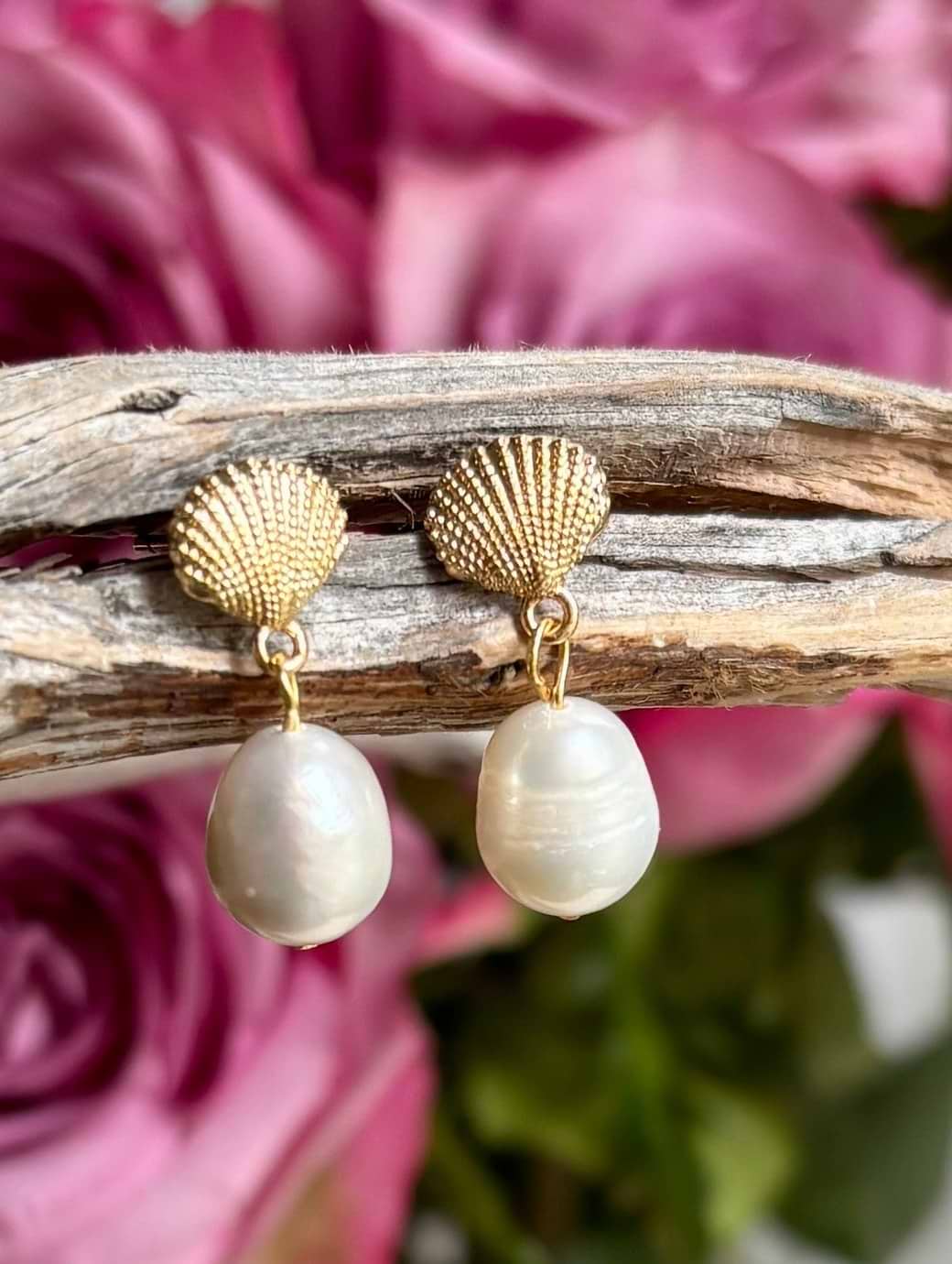 Ocean Ripples Women's 14ct Gold Plated Fresh Water Pearl Shell Earrings