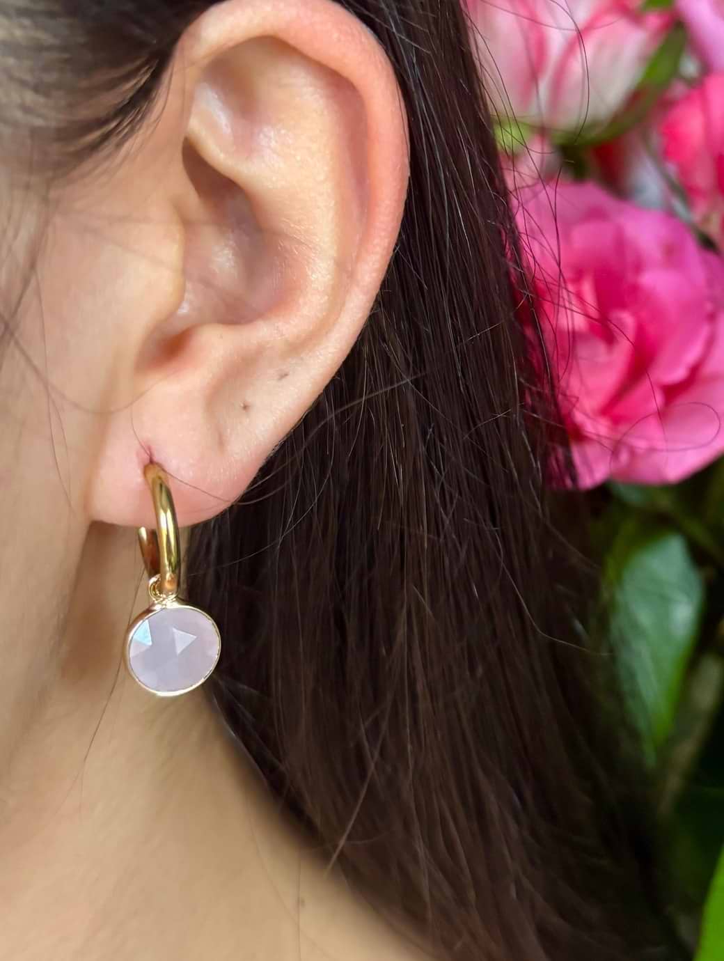 Ocean Ripples Women's 18ct Gold Plated Huggie Earrings with Natural Stones - Rose Quartz