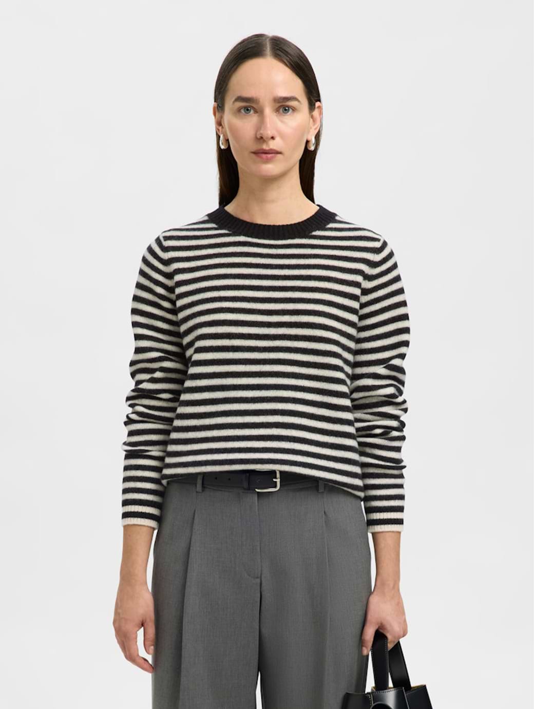 Selected Femme Ana Long Sleeve Wool O-Neck Knit Black/Birch